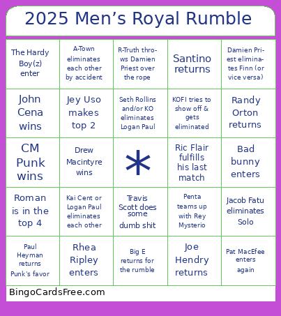 2025 Men’s Royal Rumble Bingo Cards Free Pdf Printable Game, Title: 2025 Men’s Royal Rumble
