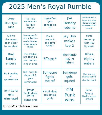 Men’s RR Bingo Cards Free Pdf Printable Game, Title: 2025 Men’s Royal Rumble