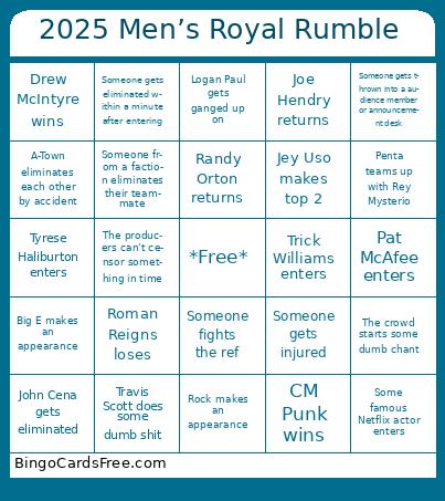 2025 Men’s Royal Rumble Bingo Cards Free Pdf Printable Game, Title: 2025 Men’s Royal Rumble