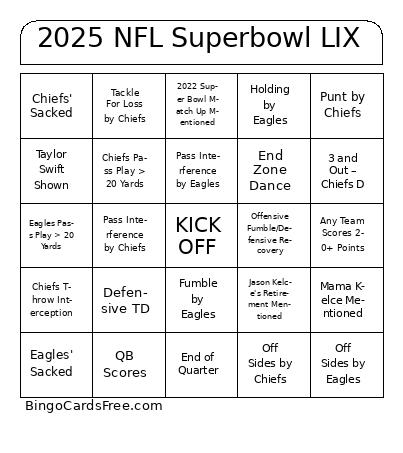 SUPERBOWL BINGO Cards Free Pdf Printable Game, Title: 2025 NFL Superbowl LIX