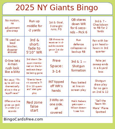 2025 NY Giants Bingo