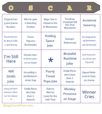 2025 Oscars Bingo