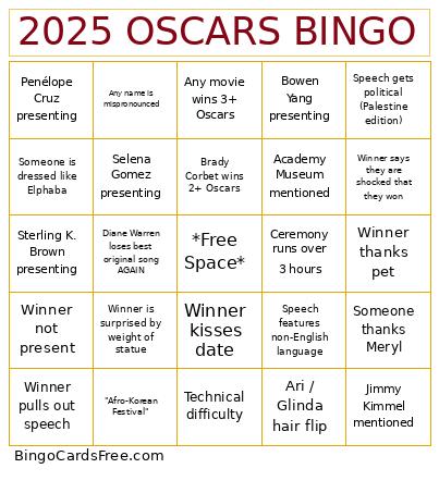 2025 Oscars Bingo Card