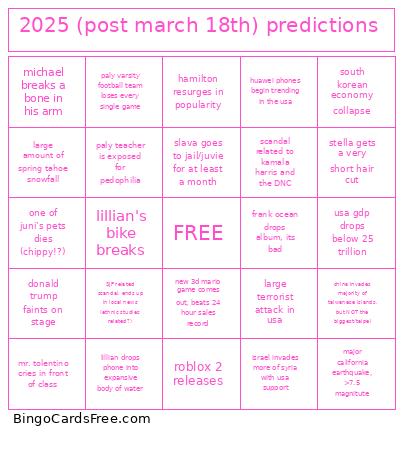 2025 (post March 18th) Predictions Bingo Card