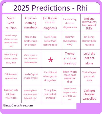 2025 Predictions - Rhi Bingo