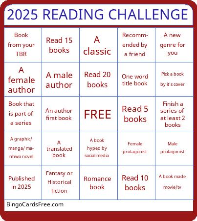 2025 READING CHALLENGE Bingo Cards Free Pdf Printable Game, Title: 2025 READING CHALLENGE