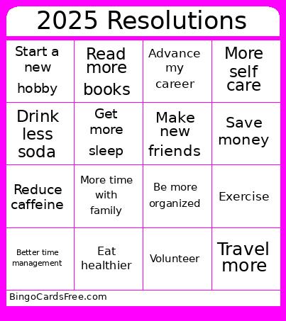 2025 resolutions Bingo Cards Free Pdf Printable Game, Title: 2025 Resolutions
