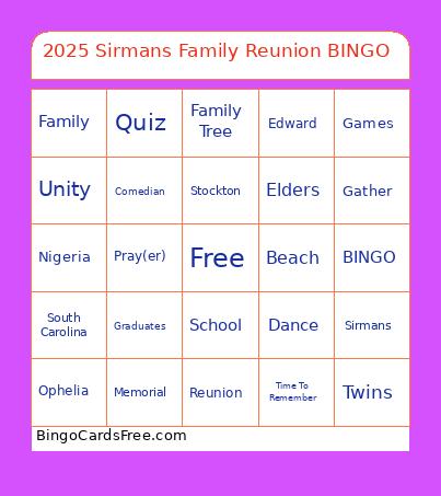 2025 Sirmans Family Reunion BINGO