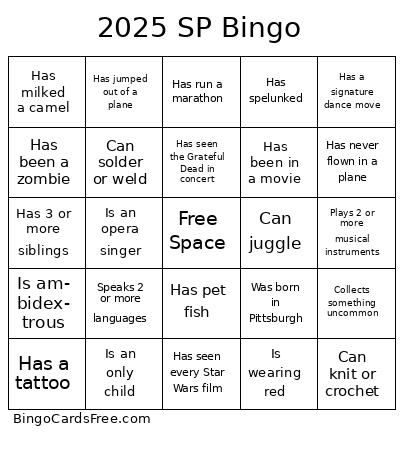 SP bingo Cards Free Pdf Printable Game, Title: 2025 SP Bingo