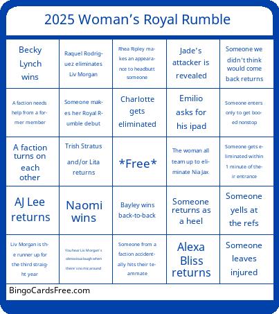 Women’s Royal Rumble Bingo Cards Free Pdf Printable Game, Title: 2025 Woman’s Royal Rumble