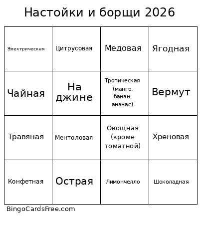 Настойки и борщи 2026 Bingo Card