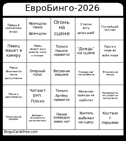 ЕвроБинго-2026 Bingo Card