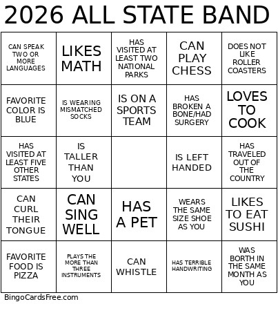 2026 ALL STATE BAND Bingo Card