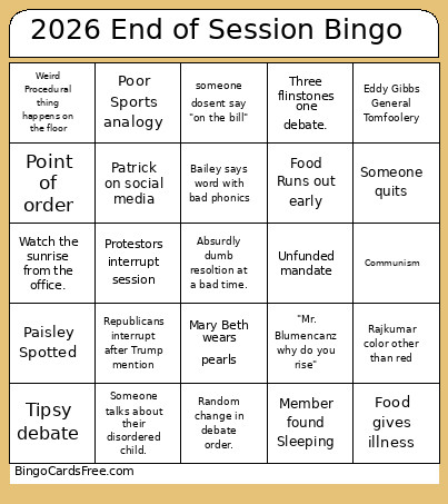 2026 End Of Session Bingo Card