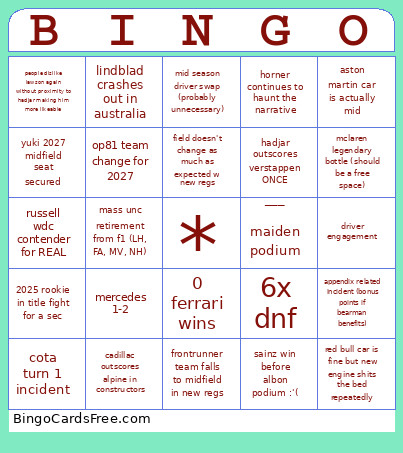 2026 F1 Real Bingo Card