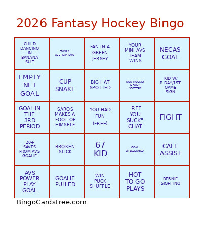 2026 Fantasy Hockey Bingo Card