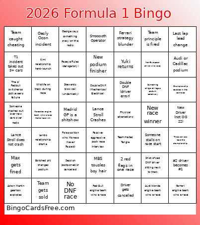 2026 Formula 1 Bingo Card