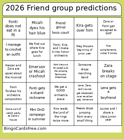 2026 Friend Group Predictions Bingo Card