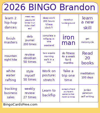 2026 Goals Sheet Bingo Card