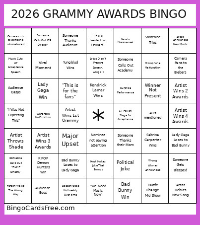 2026 GRAMMY AWARDS Bingo Card