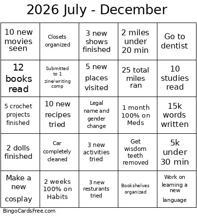 2026 July - December Bingo Card