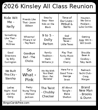 2026 Kinsley All Class Reunion Bingo Card