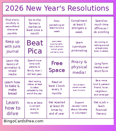 2026 New Year's Resolutions Bingo Card