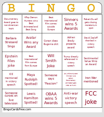 2026 Oscar Bingo Card