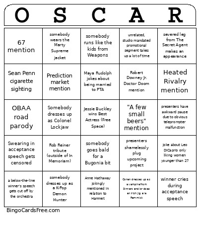 2026 Oscars Bingo Card