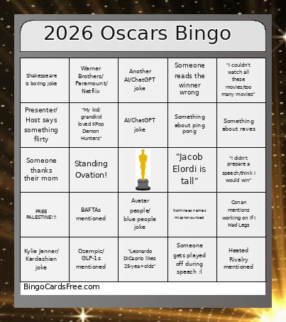 2026 Oscars Bingo Card