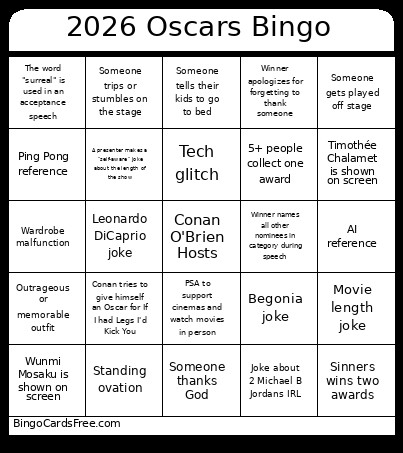 2026 Oscars Bingo Card