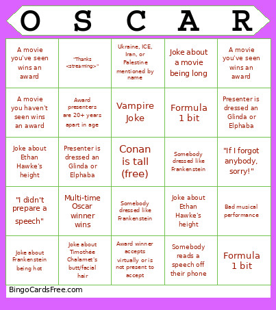 2026 Oscars Bingo Card