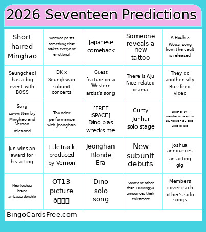 2026 Seventeen Predictions Bingo Card