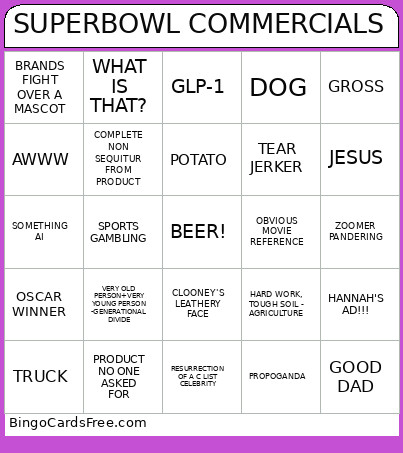 2026 Super Bowl Commercials Bingo Card