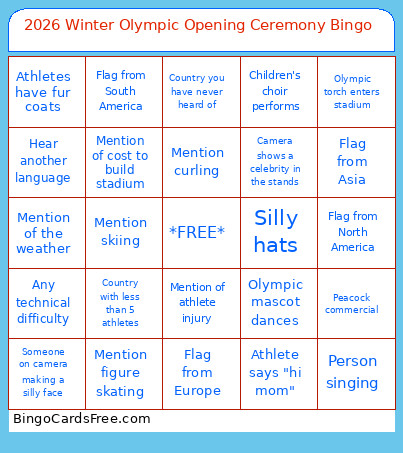 2026 Winter Olympic Opening Ceremony Bingo Card