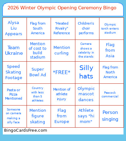 2026 Winter Olympic Opening Ceremony Bingo Card