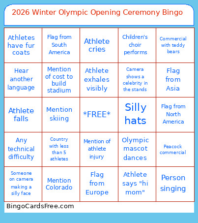 2026 Winter Olympic Opening Ceremony Bingo Card