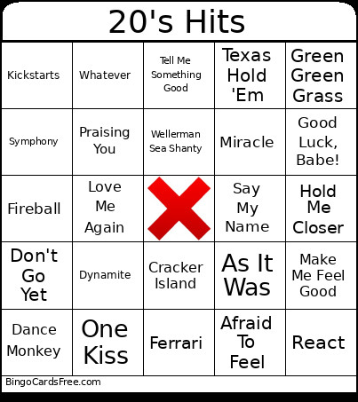 20's Hits Bingo Card