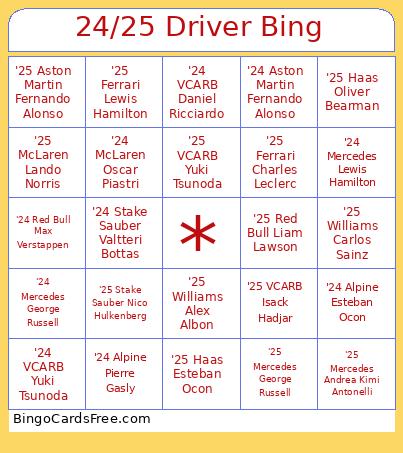 24/25 Driver Bing Bingo Card 2