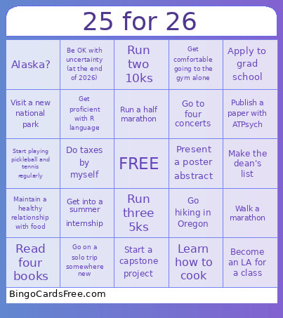25 For 26 Bingo Card