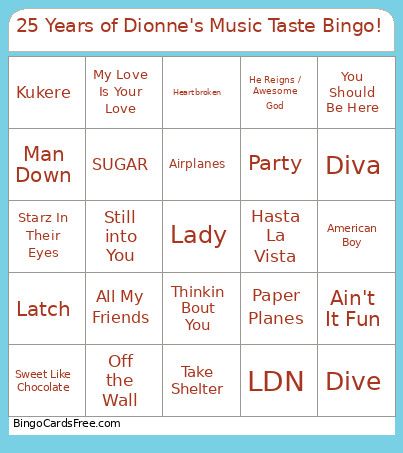 25 Years Of Dionne's Music Taste ! Bingo Card