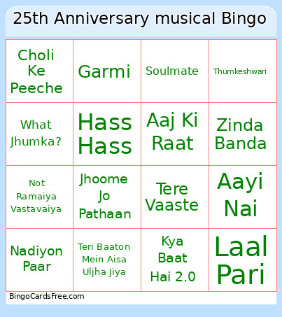 25th Anniversary Musical Bingo Card
