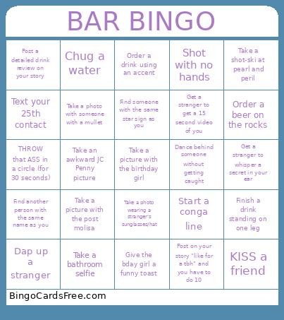 25TH Bday Bingo Card