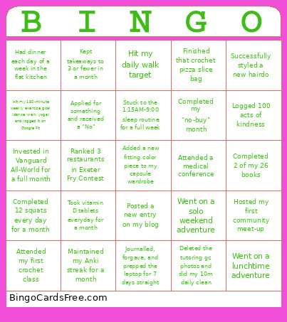 26 For 26 Bingo Card