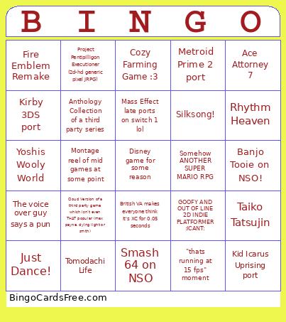 27 March Nintendo Direct Bingo Card