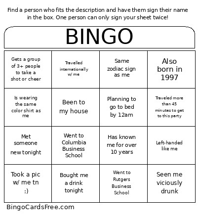 29 Birthday Bingo Card