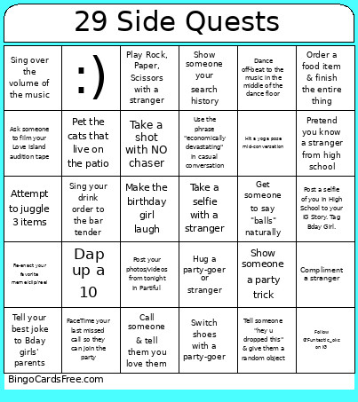 29 Side Quests Bingo Card