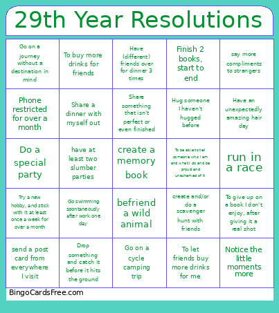 29th Year Resolutions Bingo Card