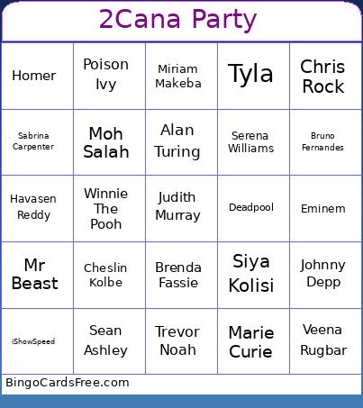 2Cana Party Bingo Card