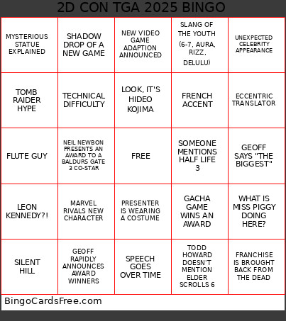2DTGA Bingo Card